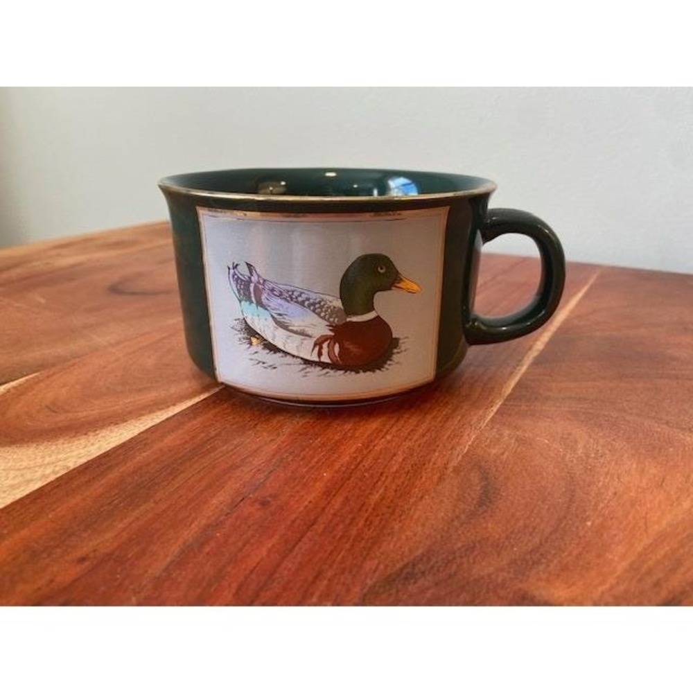 Otagiri Mallard Duck Vintage Soup Mug Gibson Greetings Hunter Green Gold Trim